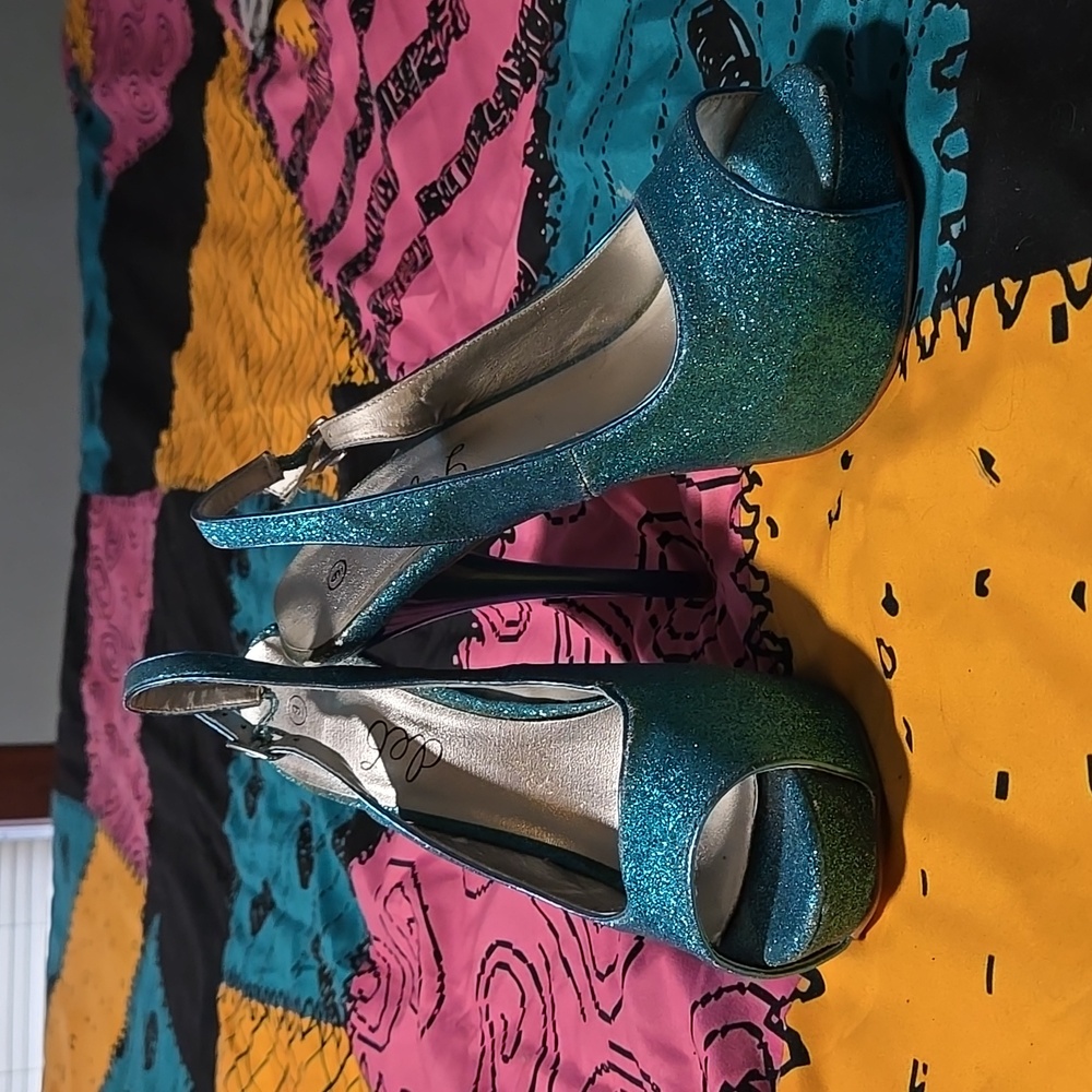 Blue glitter platform slingback heels